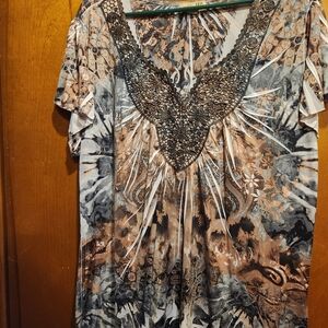 ONE WORLD Graphic Embellished Short Sleeve Blouse in Brown and Gray